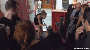 Petite blonde dp banged in bar in public