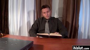 Brunette cutie moans while she fucks