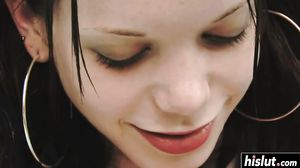 Roxie finally gets to drill her tight pussy with a toy outdoors