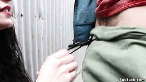 Five workers fucking babe in bondage