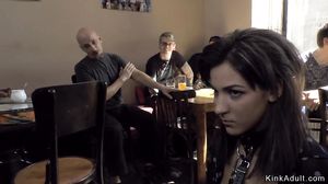 Shaved pussy brunette fucked in public