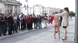 Blonde in metal high heels in public