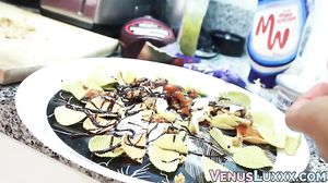 Beautiful tranny jerking off to jizz on a food plate