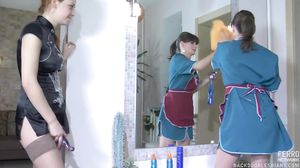 Femdom lesbian sodomizes her maid with a strap-on