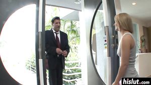 Young babe plays with a huge cock