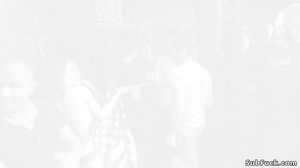 Public group sex and facial for brunette