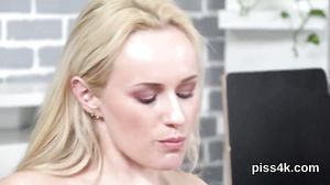 Cuddly lesbian cuties get sprayed with piss and blast w