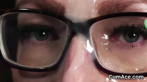 Randy bombshell gets jizz shot on her face sucking all