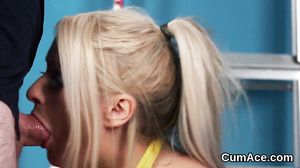 Flirty babe gets sperm load on her face swallowing all