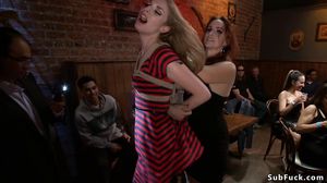 Slave fingered and fucked in crowded bar