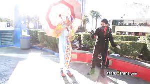 Costumed guy facialized tranny slut