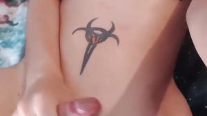 Curvy redhead tgirl in red stockings tugs her hard cock