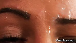 Sexy babe gets cumshot on her face gulping all the jism