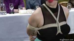 Brunette fucked in suspension in public