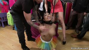 Busty slave is gangbanged in public