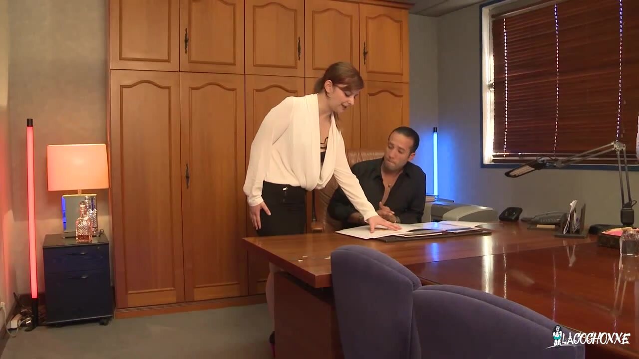 French MMF interracial threesome with redhead secretary fucking on desk