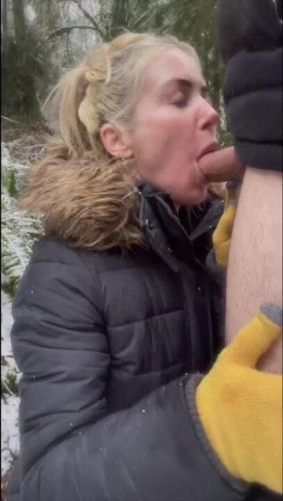 Blonde in Grey Down Jacket and Fur Hood Blowjob in the Woods