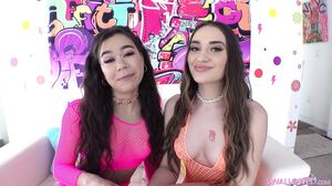 Two slutty brunettes give a very sloppy blowjob