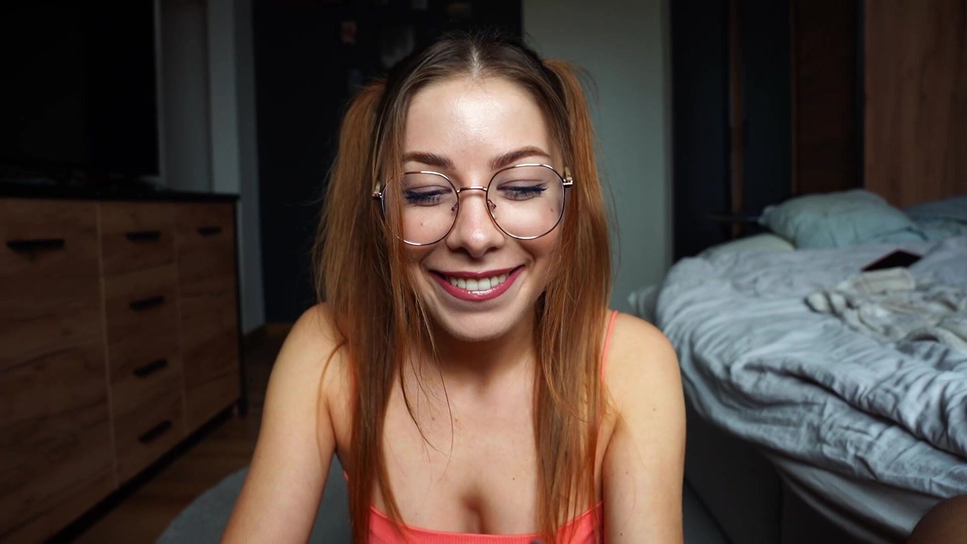 MariaAlexUA - Schoolgirl with glasses and red lipstick swallowed all cum POV.