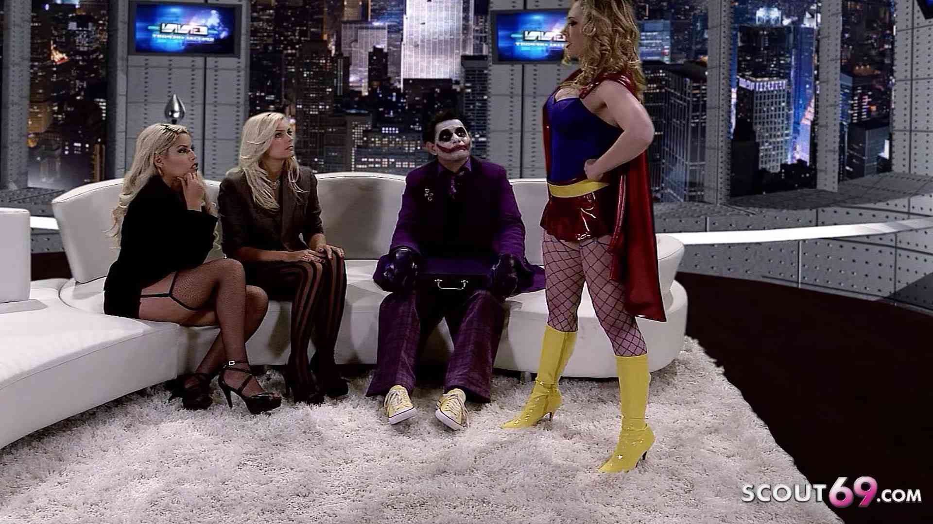 Reverse Group Sex at Joker Parody Porn with three Big Tits MILFs and one Guy