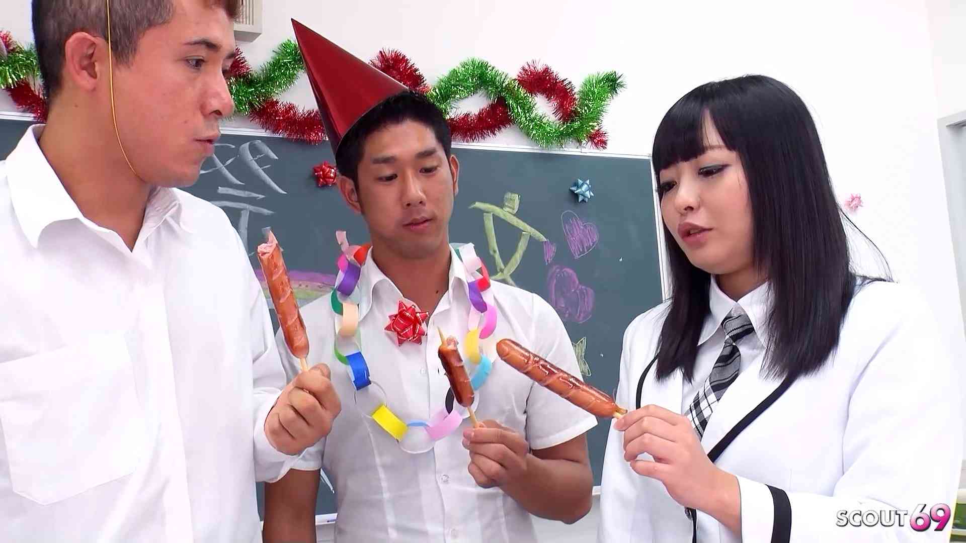 Virgin Boy and his best Friend tricked petite Japanese Girl to Double Creampie MMF Threesome Sex