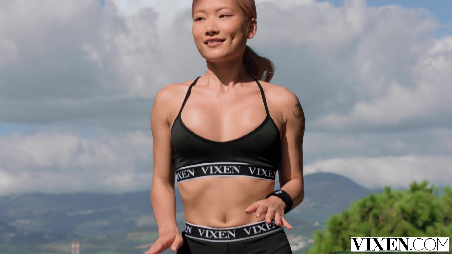 Two fitness models with perfect bald cunts compete for a hard cock