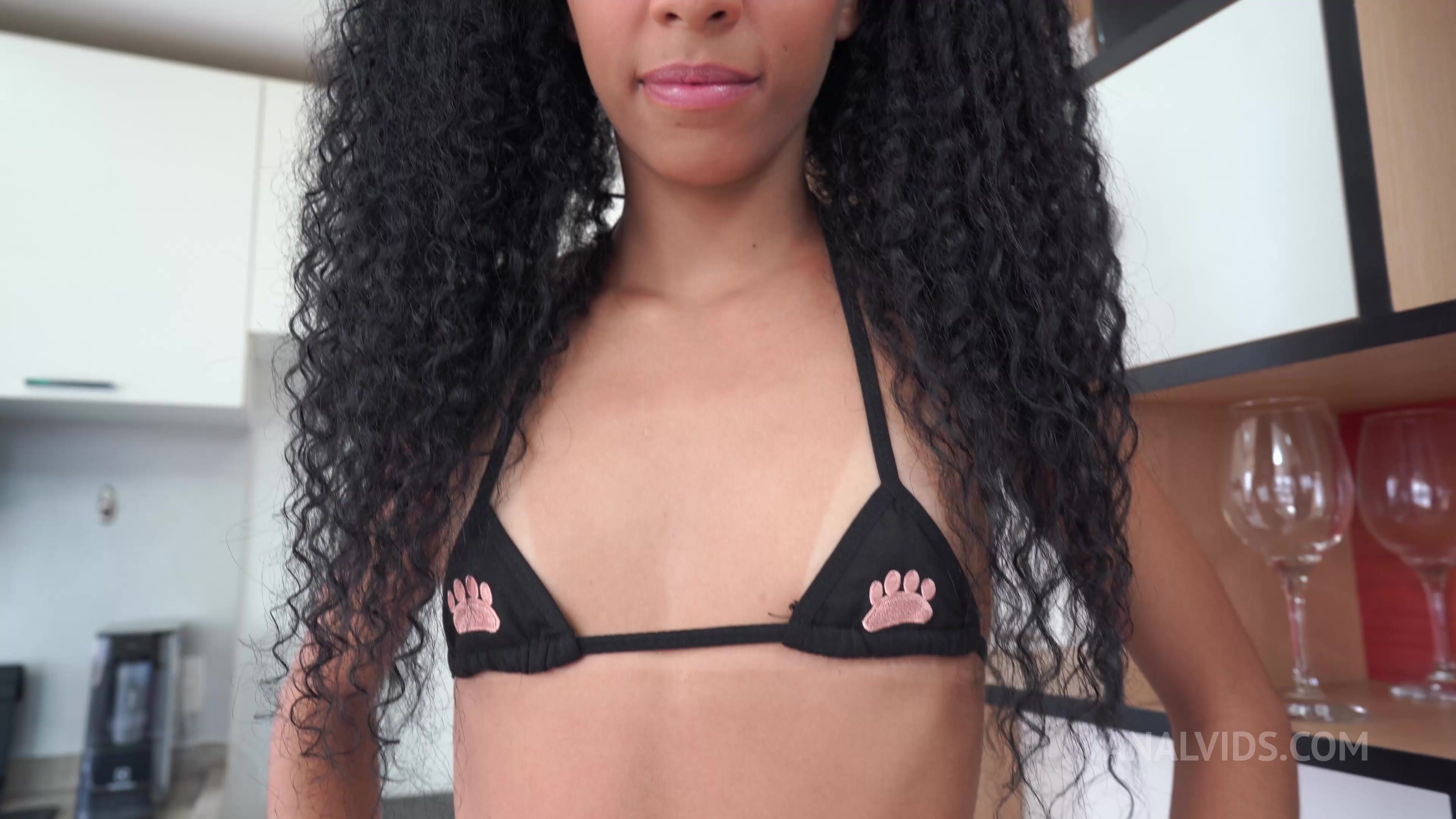 Vitoria Lima, 19 years green-eyes very slim Brazilian ebony, fucked by 2 huge dicks