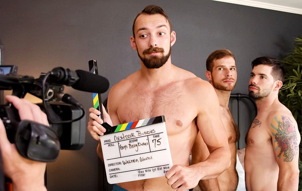 Backstage gay porn video of a threesome